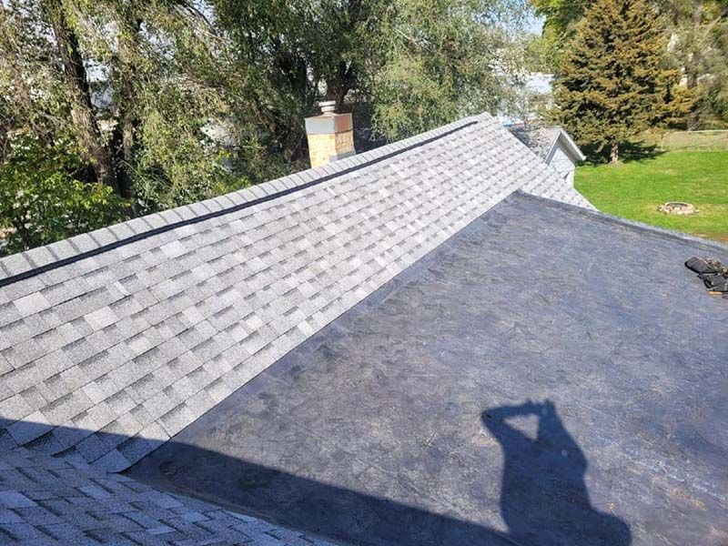 Rooftop with gray shingles and a black flat roof. A chimney and trees are visible in the background.