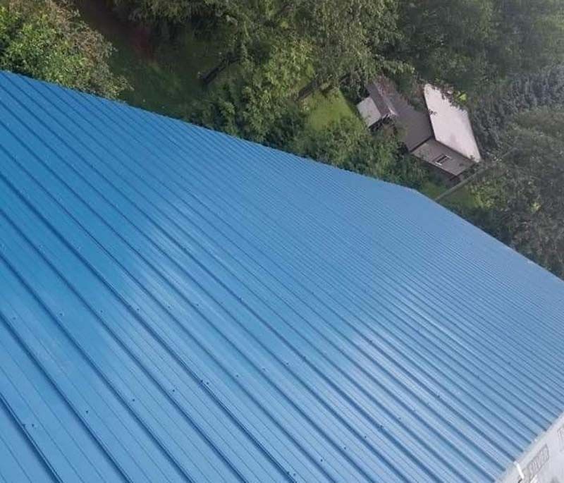 Blue corrugated metal roof on a building, with a forest and another building in the background.