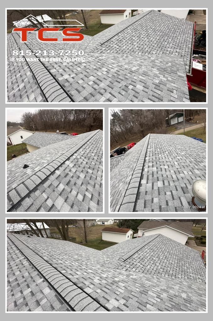 Collage of photos showing a residential roof with gray shingles being installed.