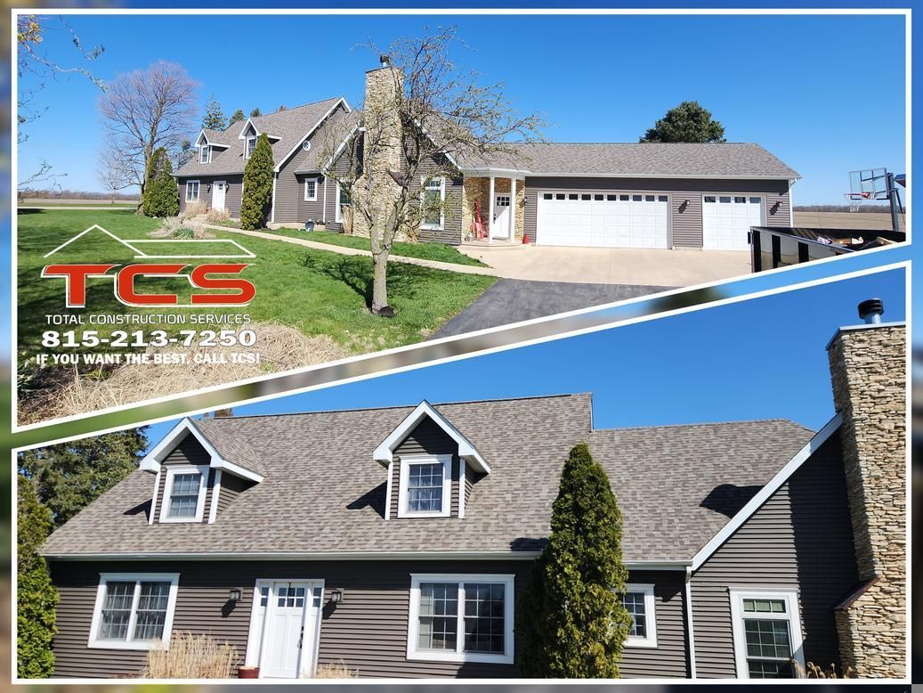 Two houses with new roofing and siding, showcasing a construction company's work.