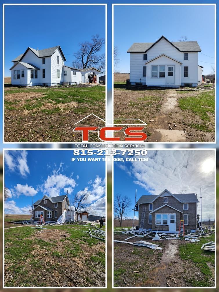 Four photos show an older white house before and after a transformation. Blue sky, brown grass, and a path lead to the house.