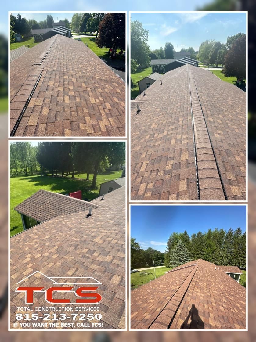 Multiple views of a brown shingled roof with a company logo at the bottom, showcasing roofing work.