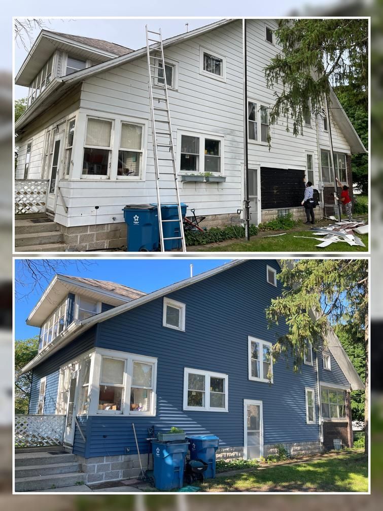 House exterior before and after renovation: old white siding replaced with blue siding, ladders present.