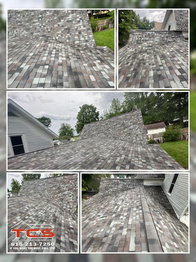 Composite photo of a newly shingled roof with varied gray, brown, and white colors.