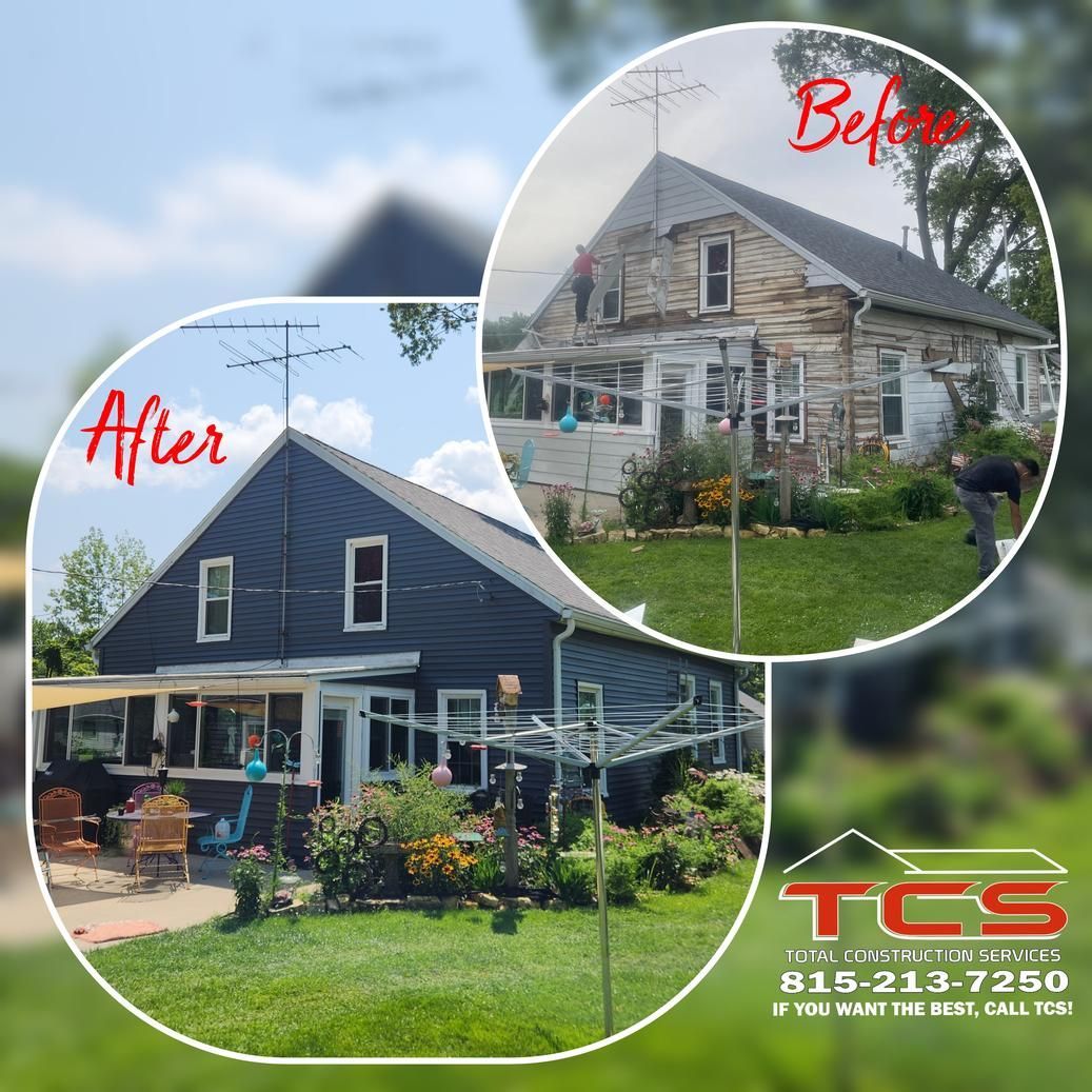 Before/after home renovation: gray siding, white trim, with green lawn.