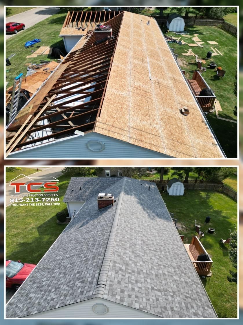 Before-and-after of a roof repair. Top shows exposed rafters, bottom has new gray shingles.