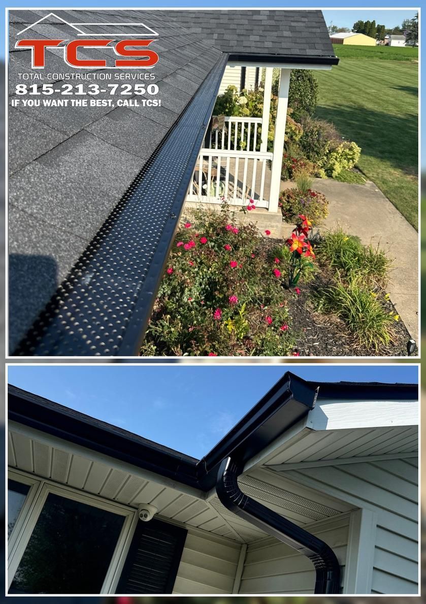 Two photos of black gutters on houses; a close-up and a wider view with landscaping and contact info.