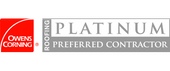 Owens Corning Platinum Preferred Contractor logo. Red square with white swoosh, gray text on gray rectangle.