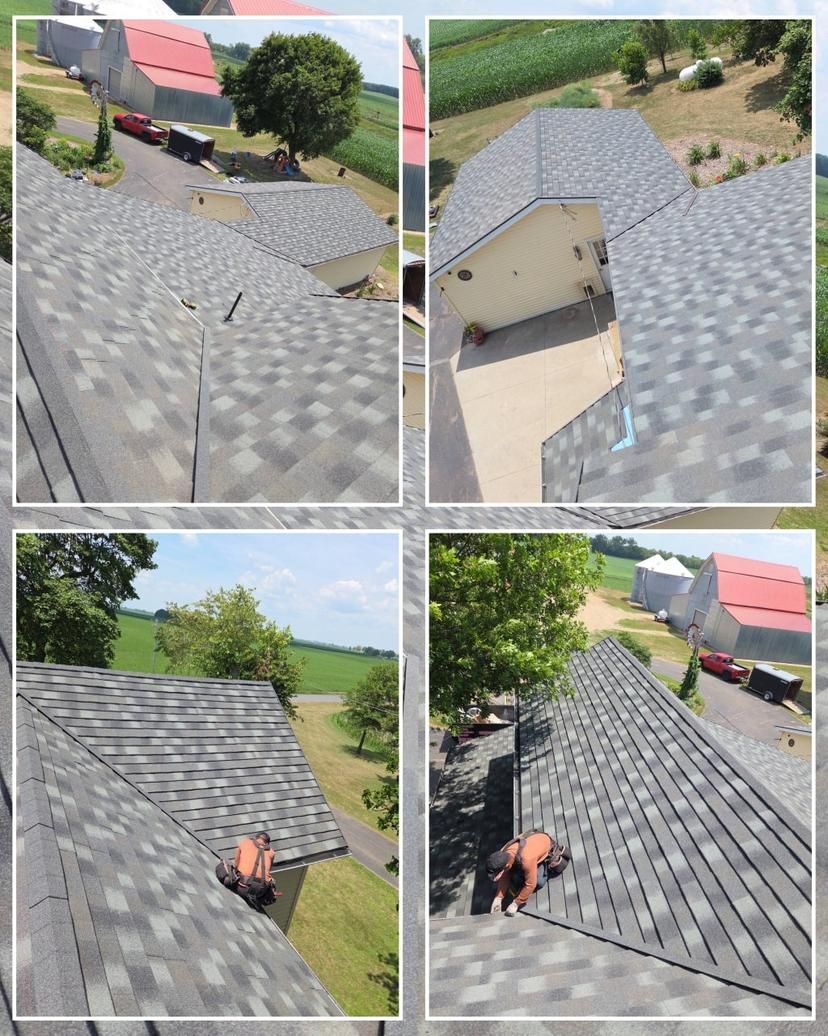 Four aerial views of a roof with gray shingles; a person works on one section of the roof.