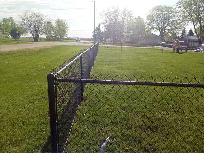 Black chain-link fence bordering a grassy yard, trees in the background, sunny day.