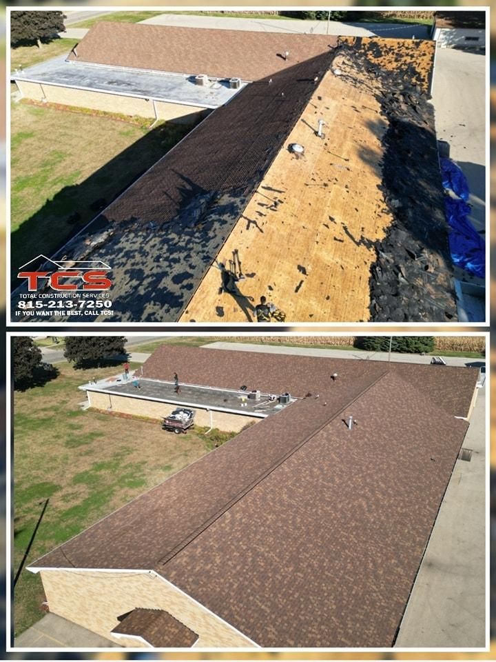 Aerial view of a building roof before and after shingle replacement; brown shingles installed.
