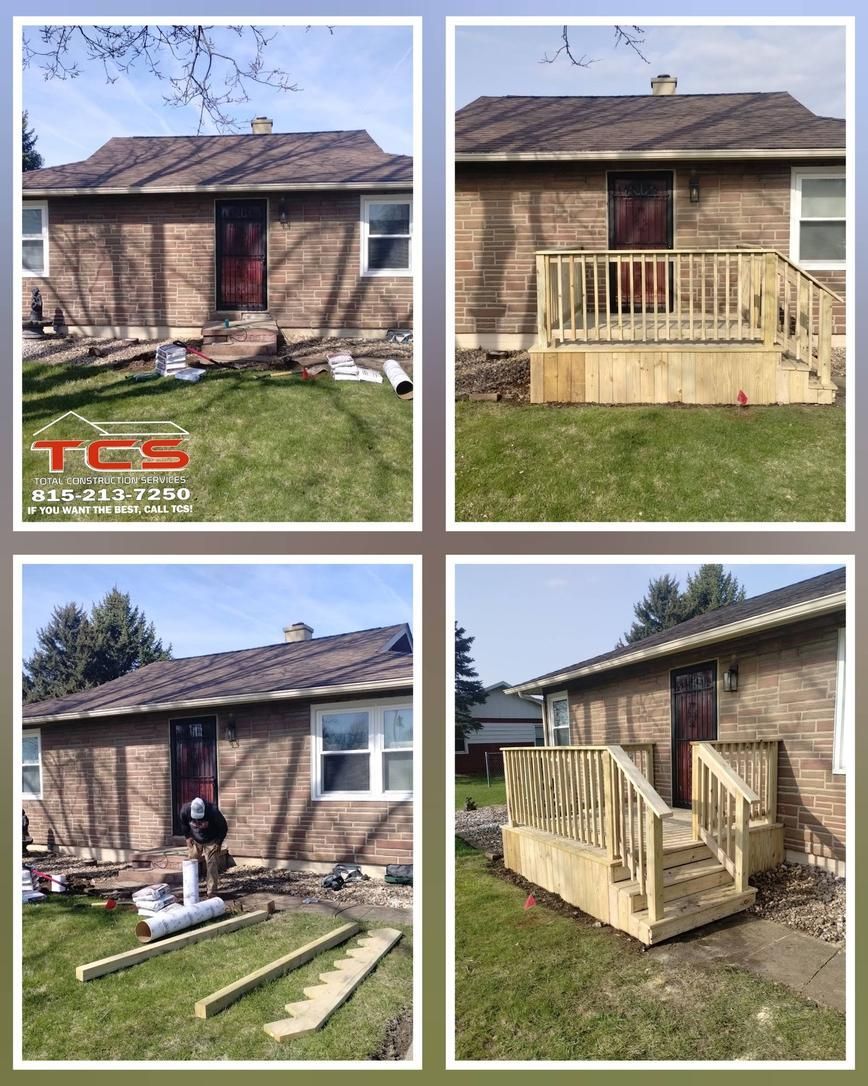 A deck construction project progressing: a wooden deck is built onto a brick home's back door.