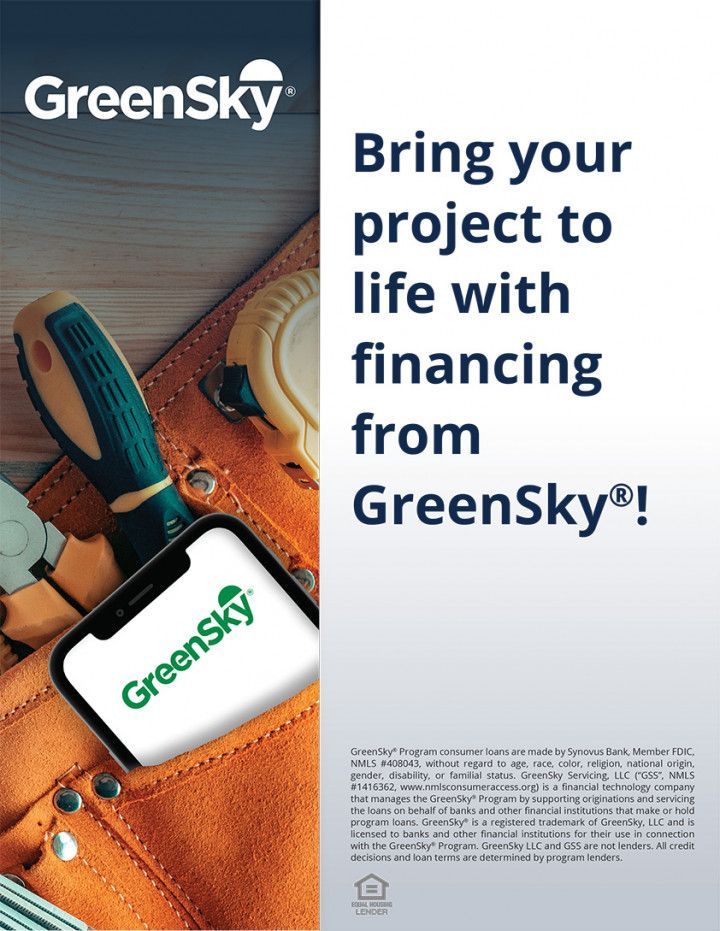 GreenSky advertisement: A phone with GreenSky logo in a tool belt, inviting users to finance projects.