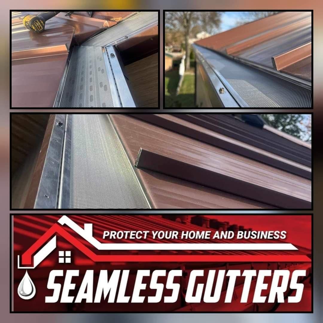 Seamless gutter installation, multiple views. Metal roof with gutter guard system installed. Promotional graphic for gutter services.