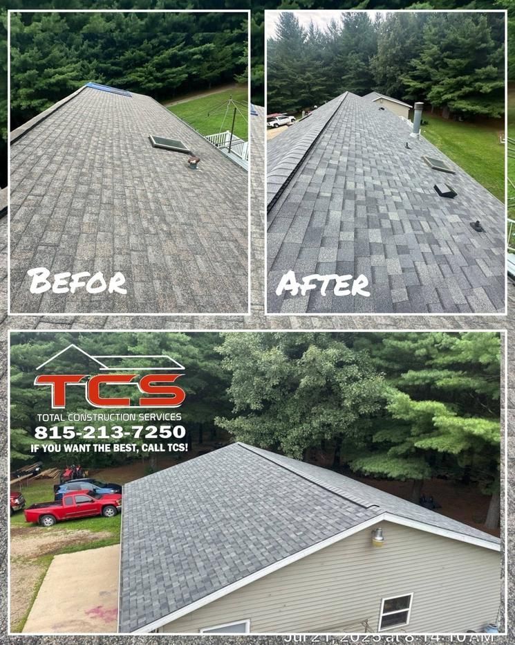 Comparison of a roof before and after replacement; gray shingles.