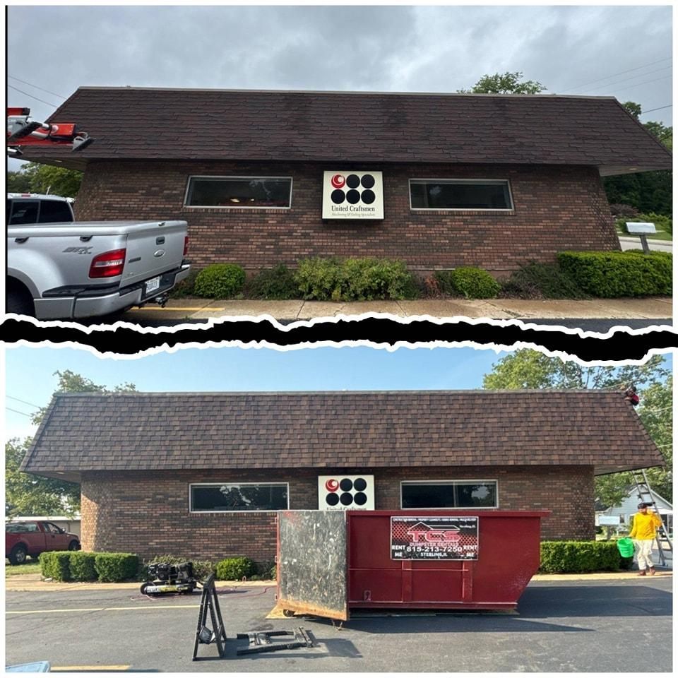 Two views of a brick building before and after work. A truck is on the left, and a dumpster and worker are on the right.