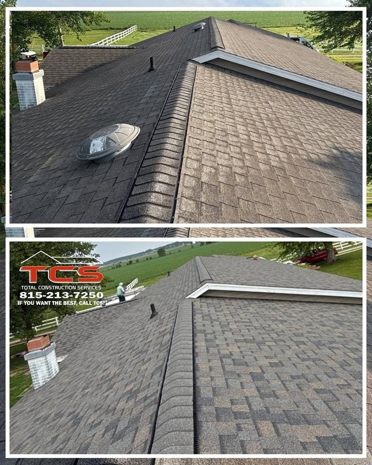 Two views of a newly shingled roof with a skylight, chimney, and a field in the background.