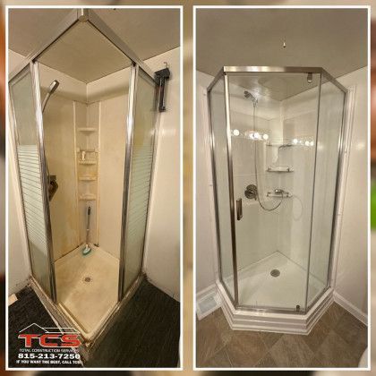 Bathroom shower remodel before and after. Old shower with grime and a new, clean shower with glass doors.