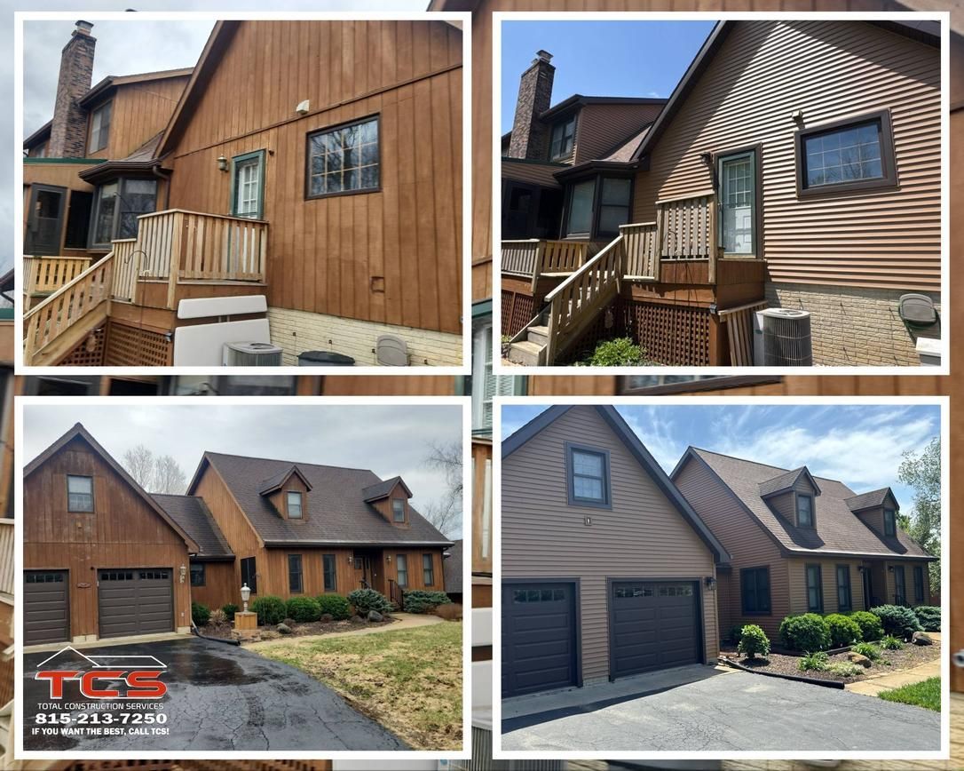 Collage of a brown house exterior with a deck and garage; the roof is brown and the siding is lighter brown.