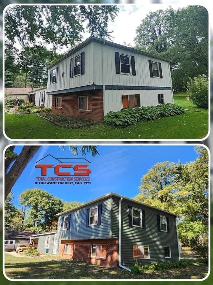 Before and after photos of a two-story house with green and blue siding. Landscaping in a grassy area with trees.