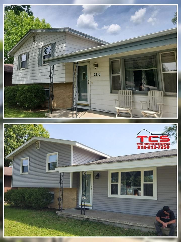 Before and after photo of a house with new gray siding and tan trim. The after has a person sitting near the house.
