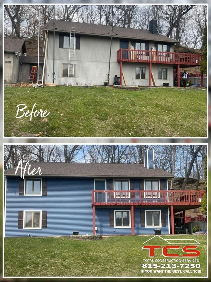 Before and after house exterior painting. House changes from light gray to blue with brown accents.