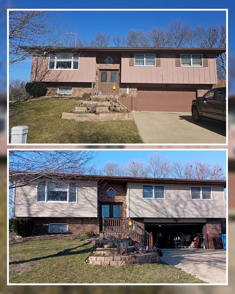 Split-level house exterior, before and after a paint job. Light beige siding, brown garage door and roof.