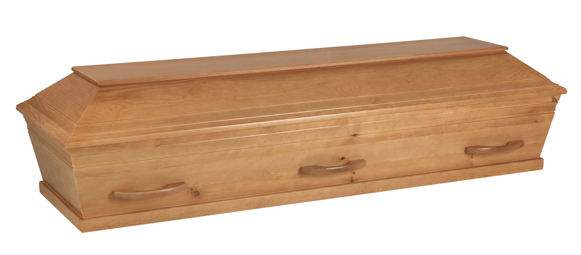 Three colorful coffins and urns in shades of purple, teal, and blue.