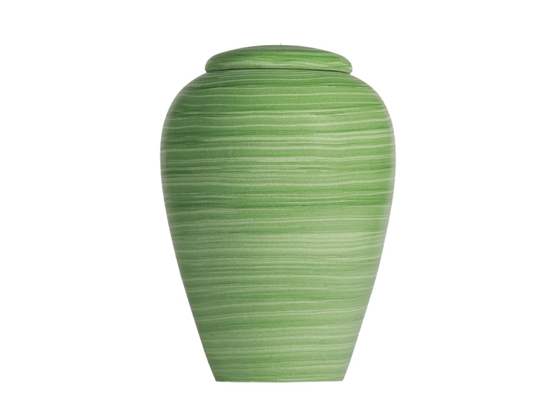 Green ceramic urn with a lid.
