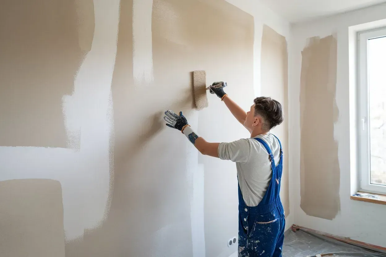 Person plastering a wall in a bright room with a trowel and hawk board
