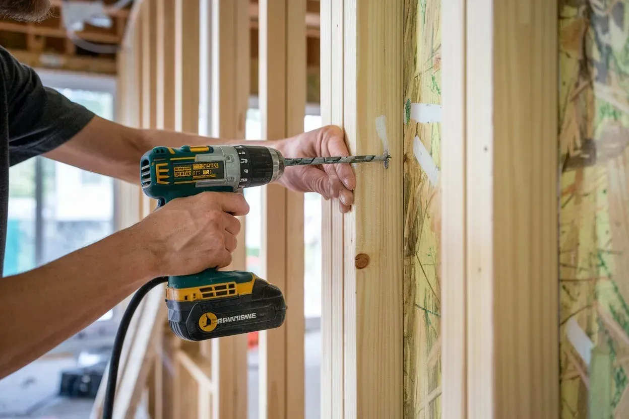 Person drilling a screw into a wooden wall frame with a cordless drill during home construction