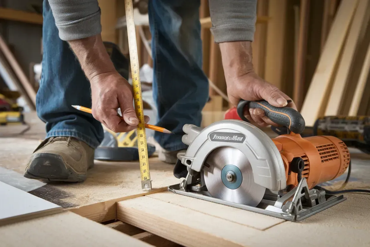 Person measuring wood with a tape measure beside a circular saw in a workshop