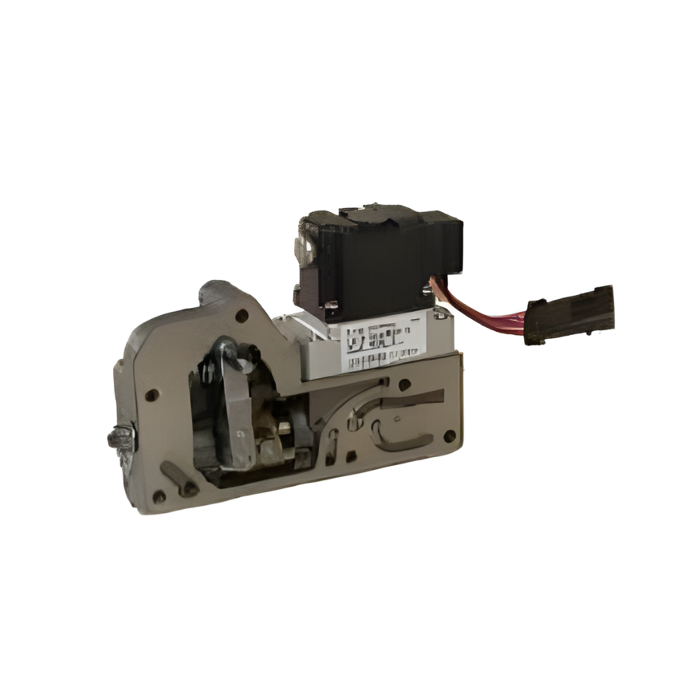 Metal actuator assembly with black motor and red cable on a white background