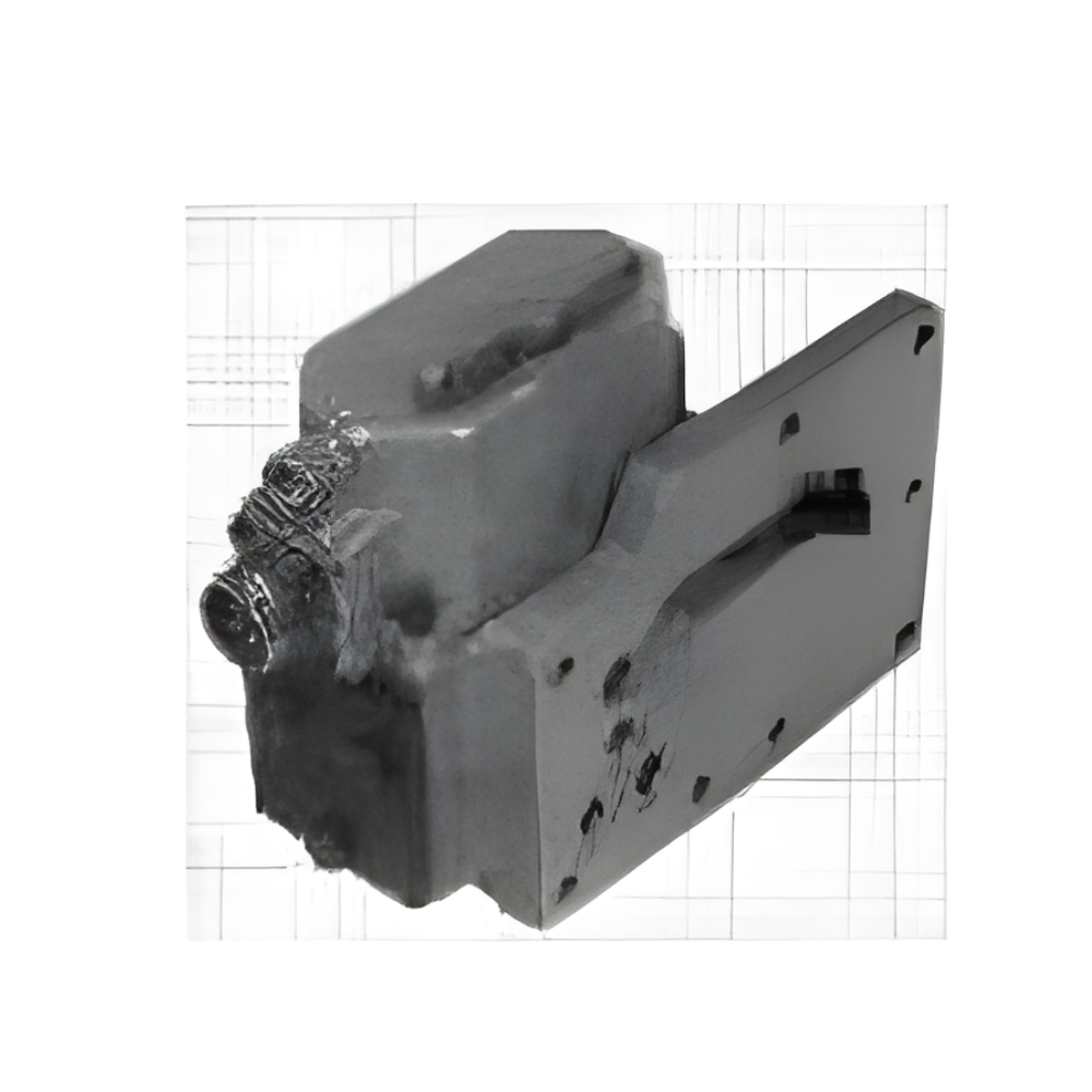 Gray industrial metal component with mounting plate and protruding connector on a white background