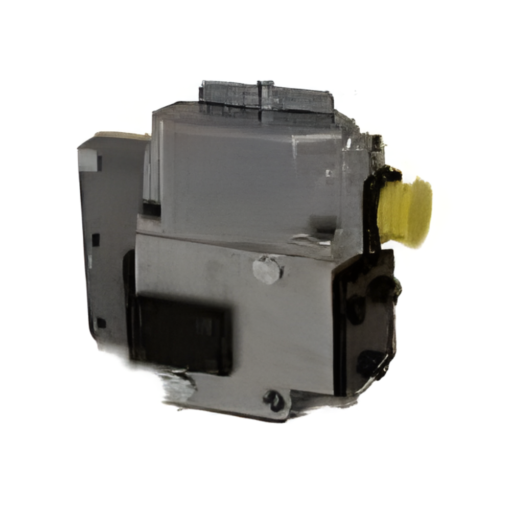 Gray industrial electronic component with a black side mount and yellow connector cap on a white background