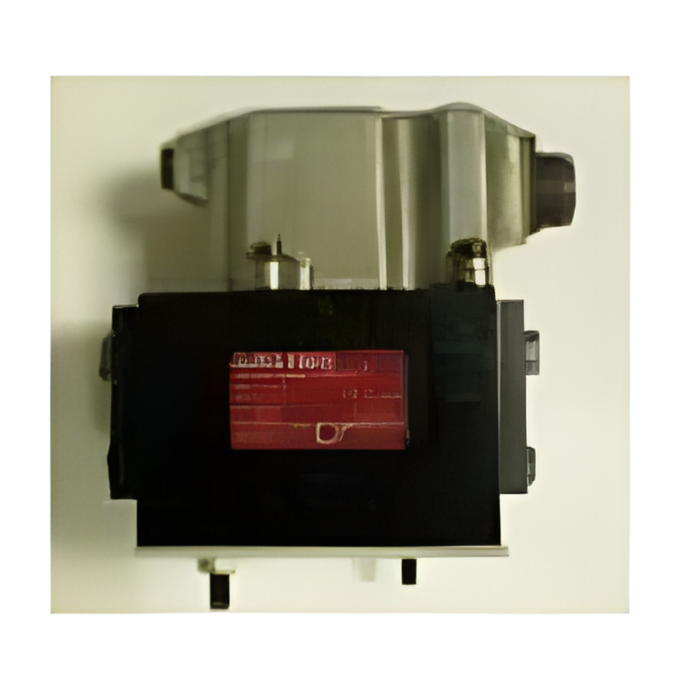 Industrial valve or actuator unit with silver top, black body, and red label on a white background