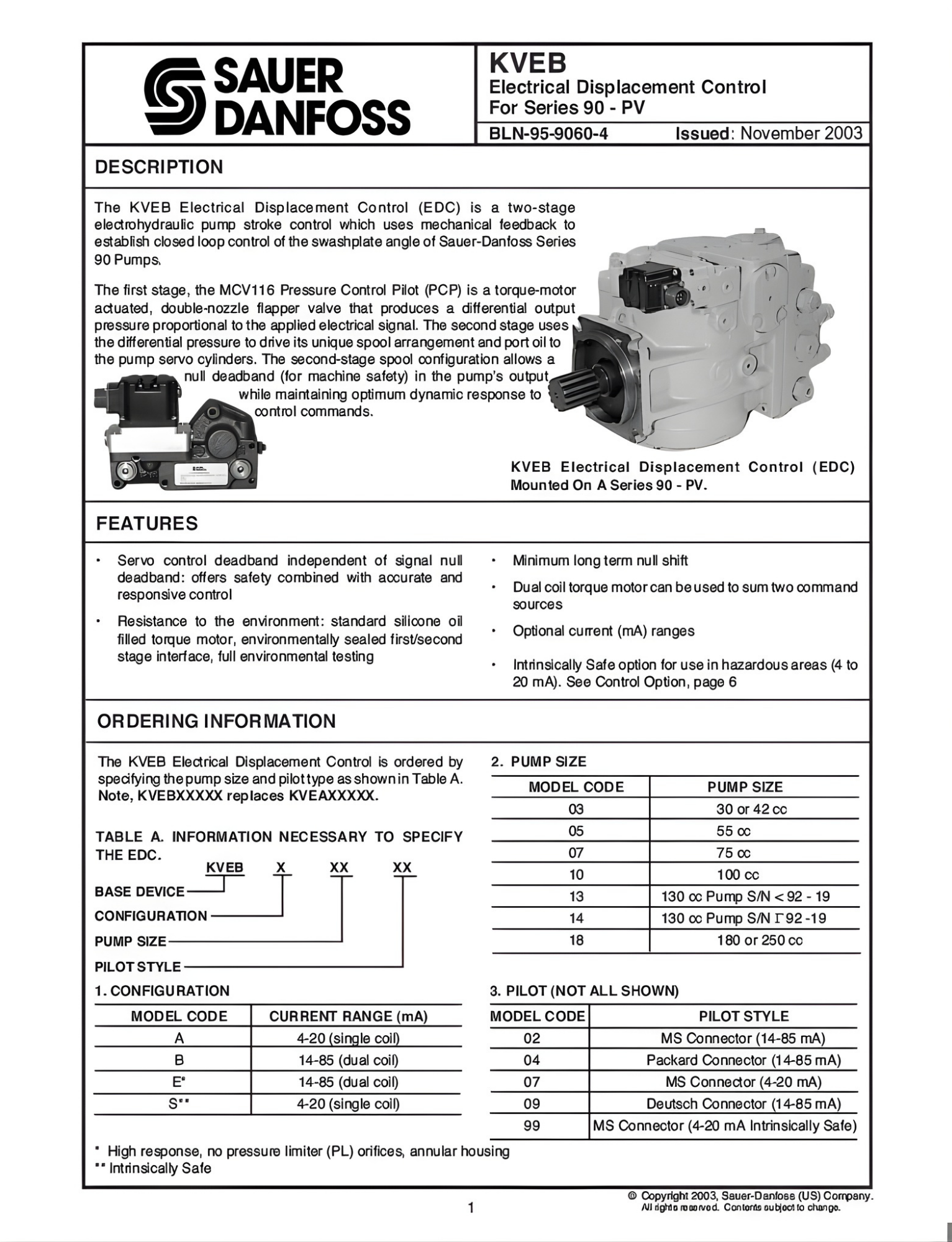 Sauer-Danfoss product datasheet with pump image, title, features list, and specifications tables