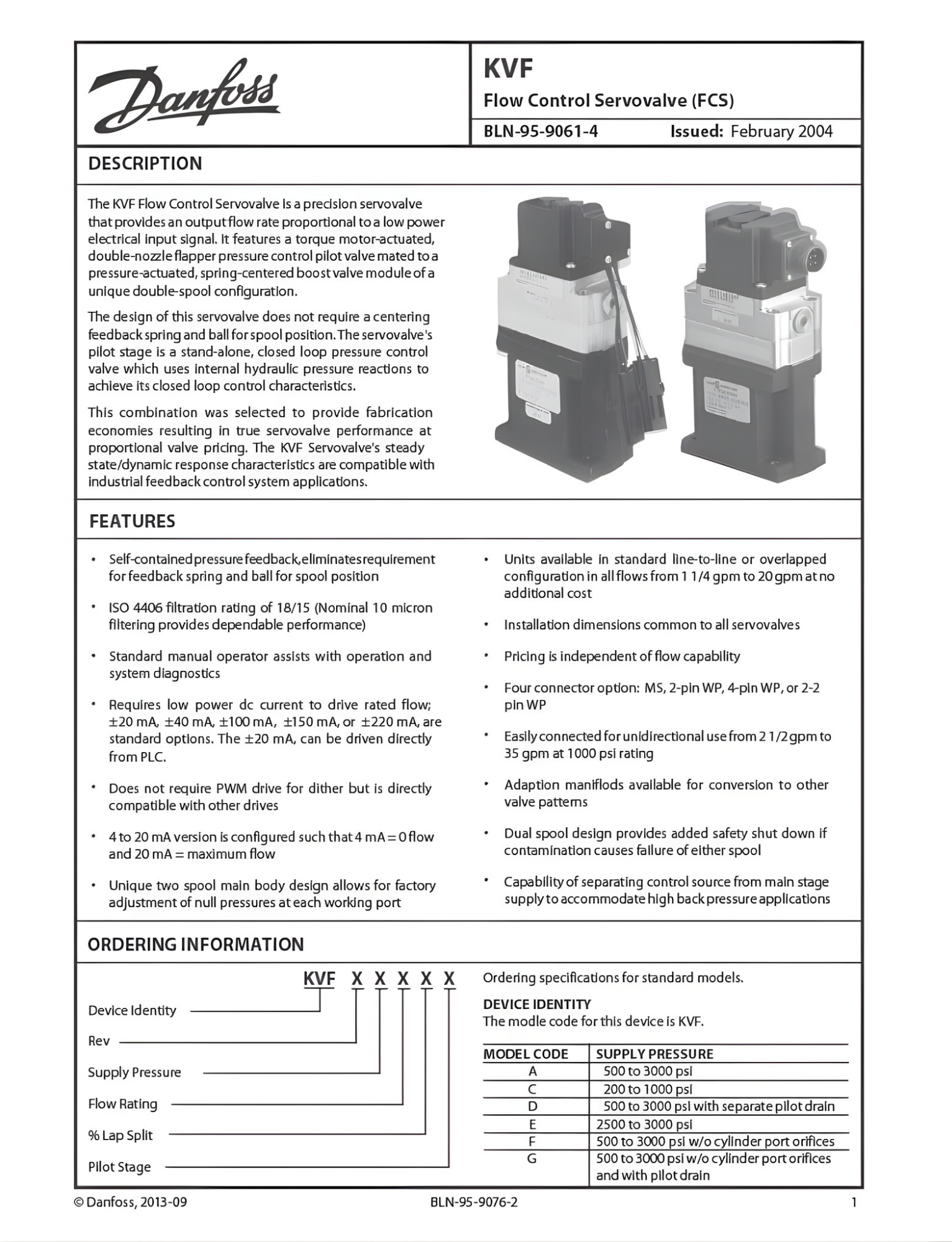 Danfoss KVR product datasheet with technical specs and two valve images