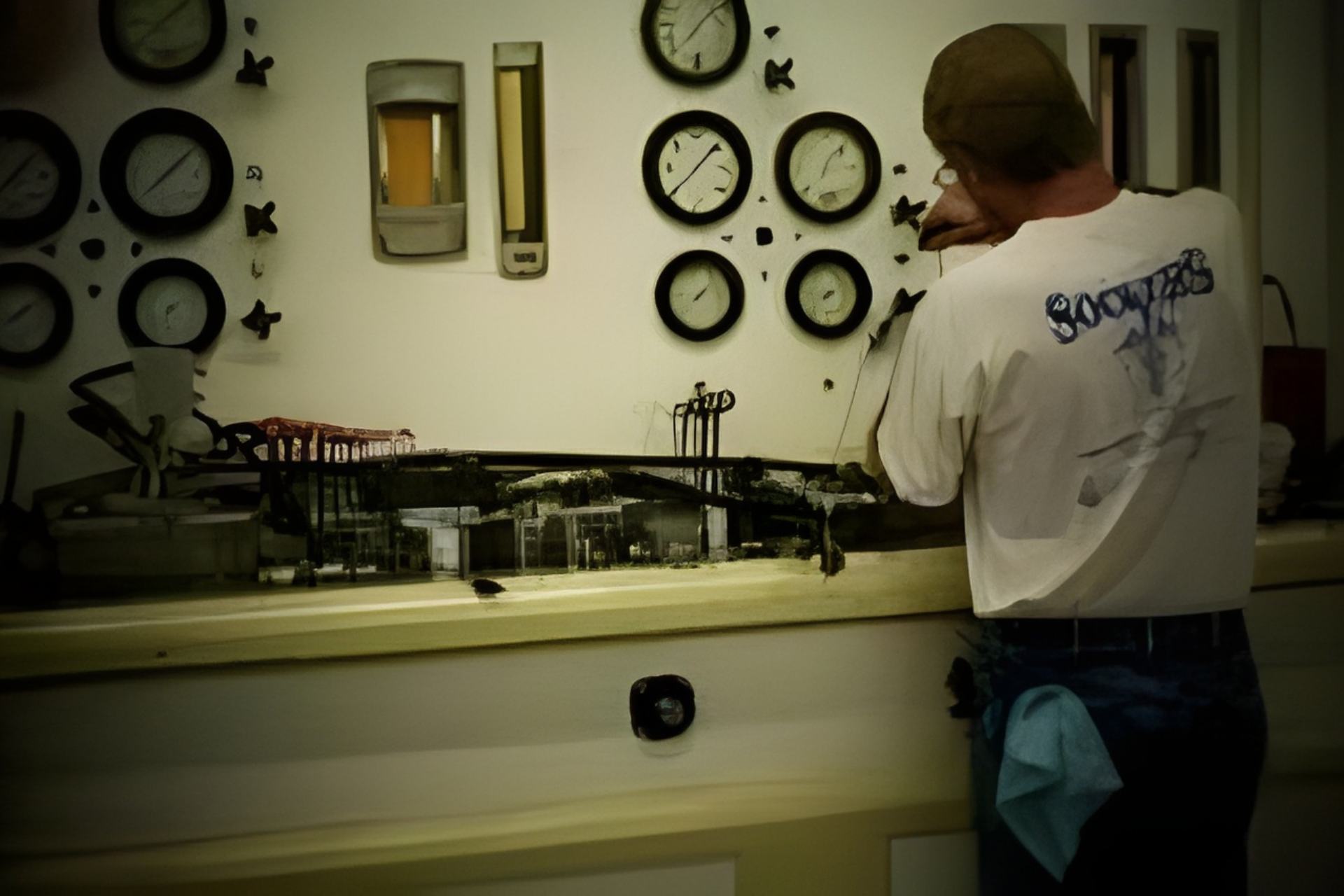 Person standing at a countertop with clocks and kitchenware on a wall-mounted display