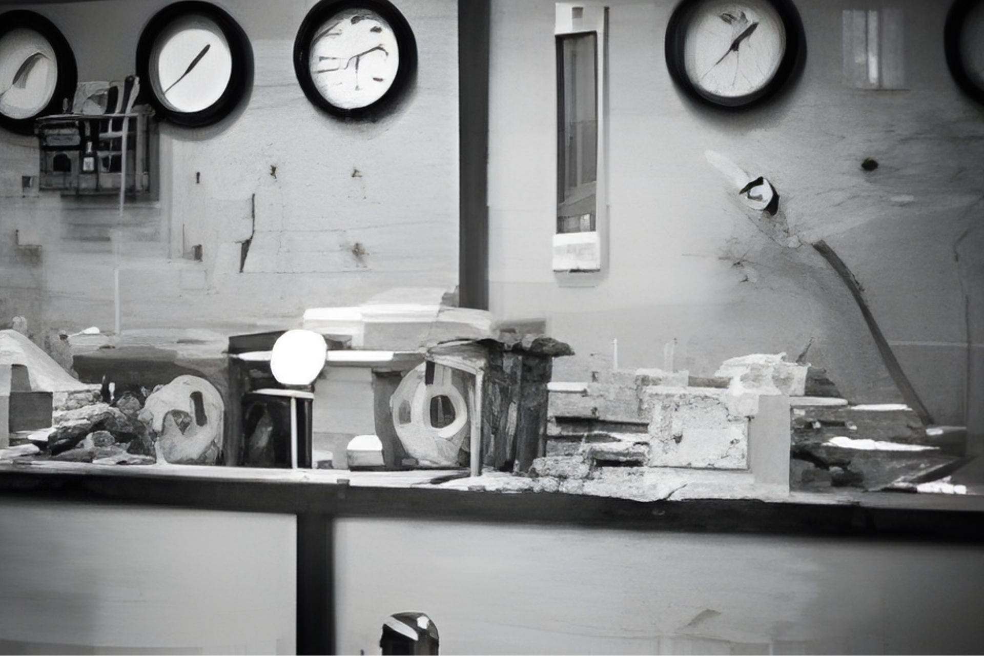 Black-and-white kitchen counter with dishes, utensils, and three wall clocks above a tiled backsplash