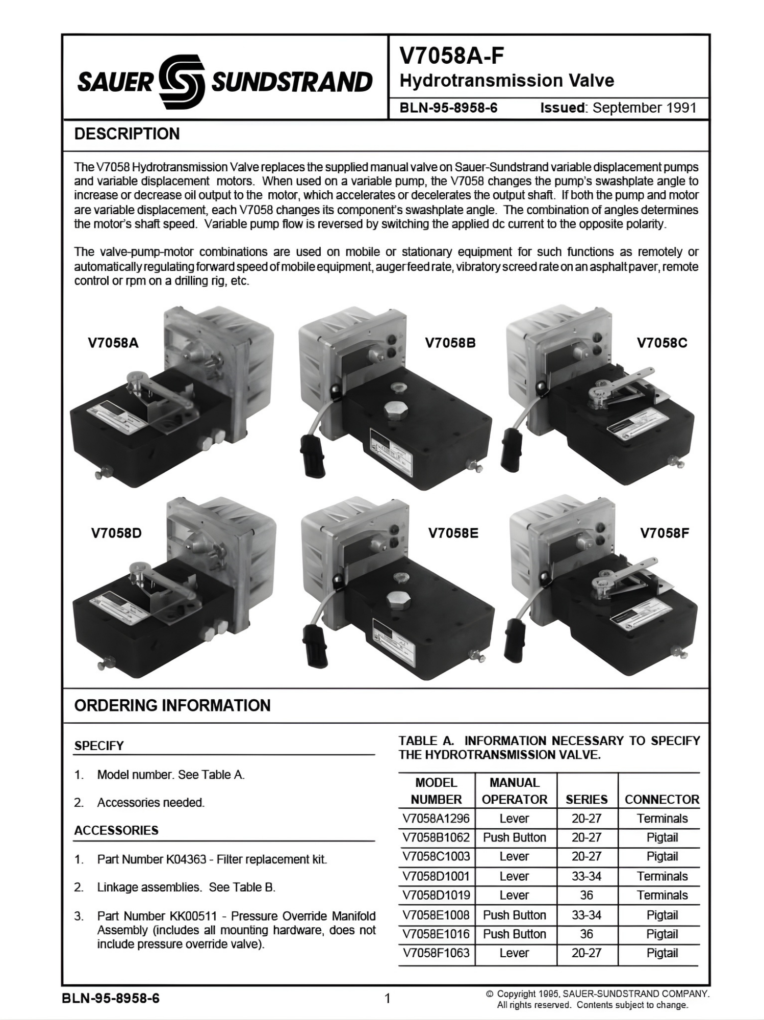 SAUER-SUNDSTRAND hydraulic piston pump datasheet with product photos and specifications table