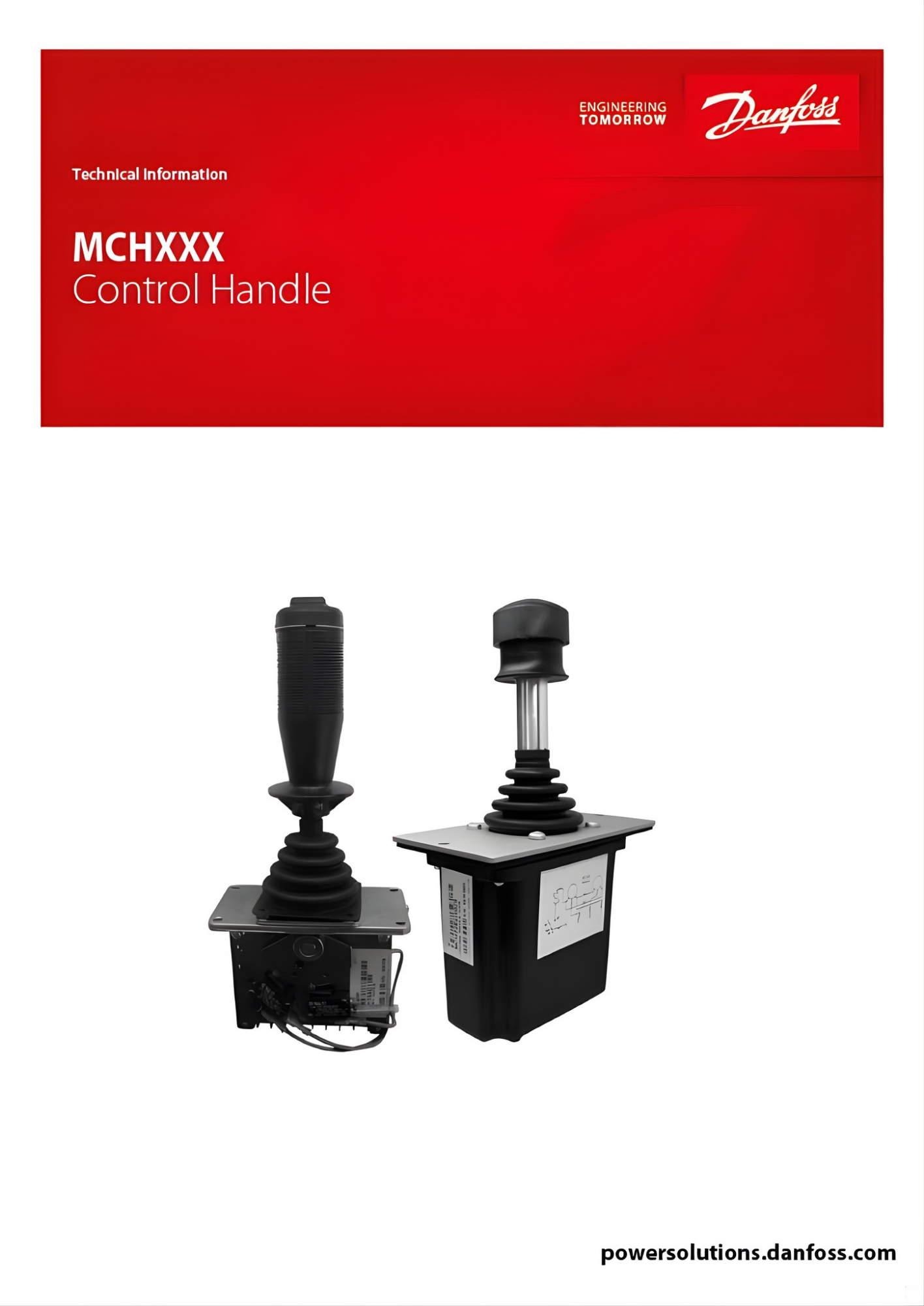 Danfoss MCHXX control handle brochure cover with two black joystick controls on a white background