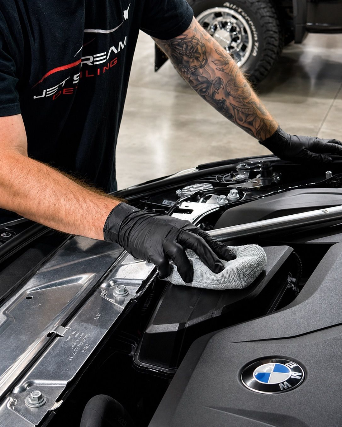 Worker wiping a black car hood with an orange cloth in a garage workshop
