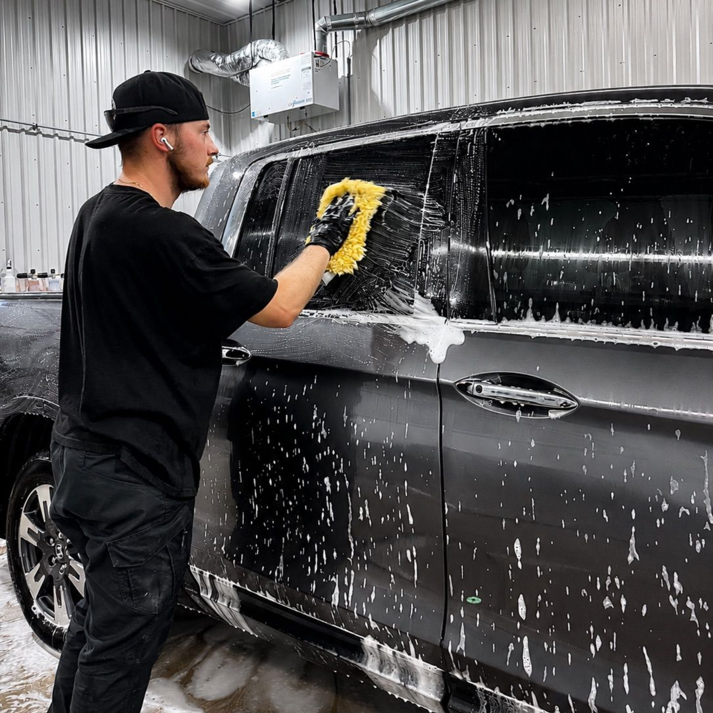 Person washing a black SUV with a yellow sponge in a car wash bay