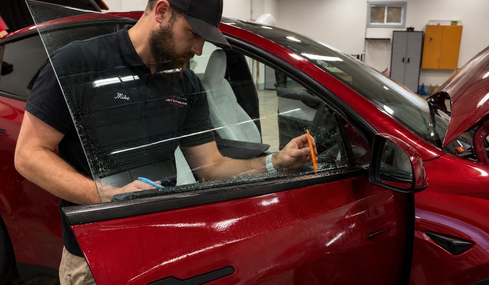 Man cleaning the inside of a red car door window in a garage
