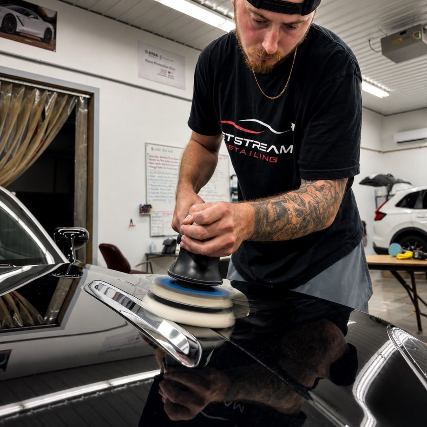 Detailer polishing a black car hood with a buffer in a garage