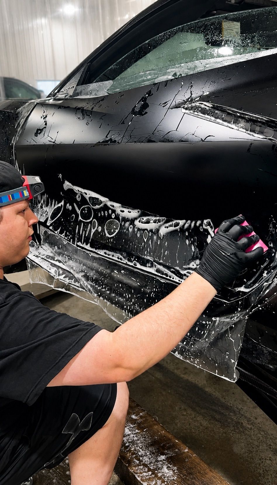 Person applying soap to a black car’s side panel during a wash/detailing session