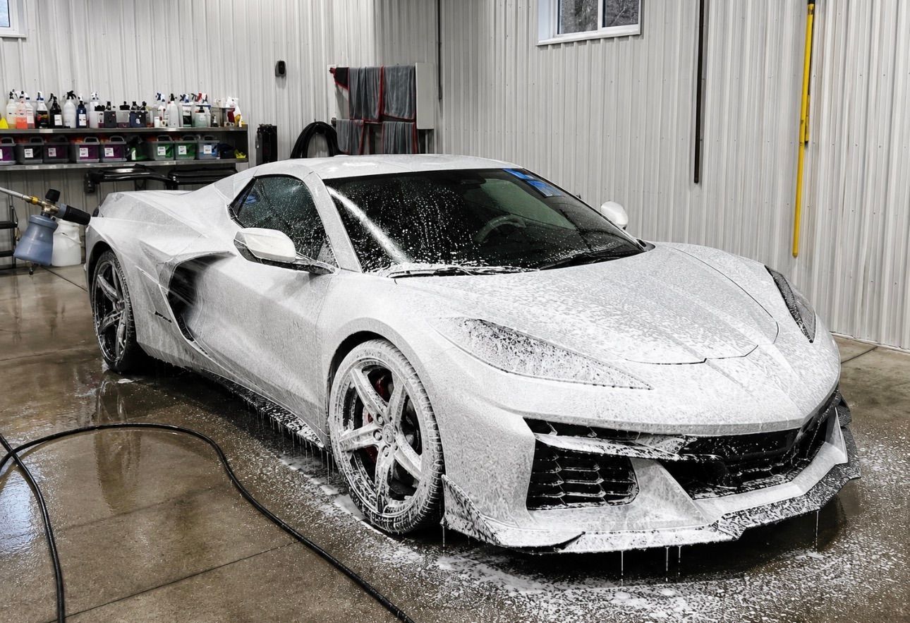 White sports car covered in foam being washed in an indoor detailing bay