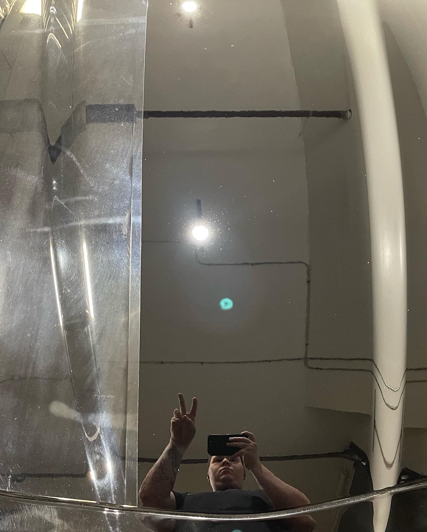 Person taking a selfie in a shiny elevator, flashing a peace sign.