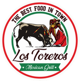 Los Toreros Mexican Grill logo: bull and matador in a red and green circle, text 